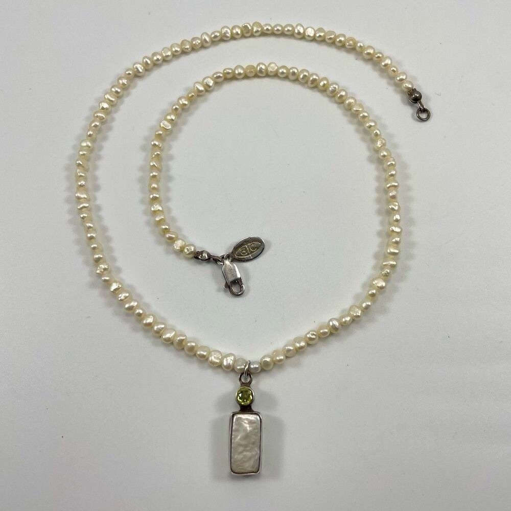 AC Signed Freshwater Pearl Beaded Mother of Pearl Silver Pendant Necklace